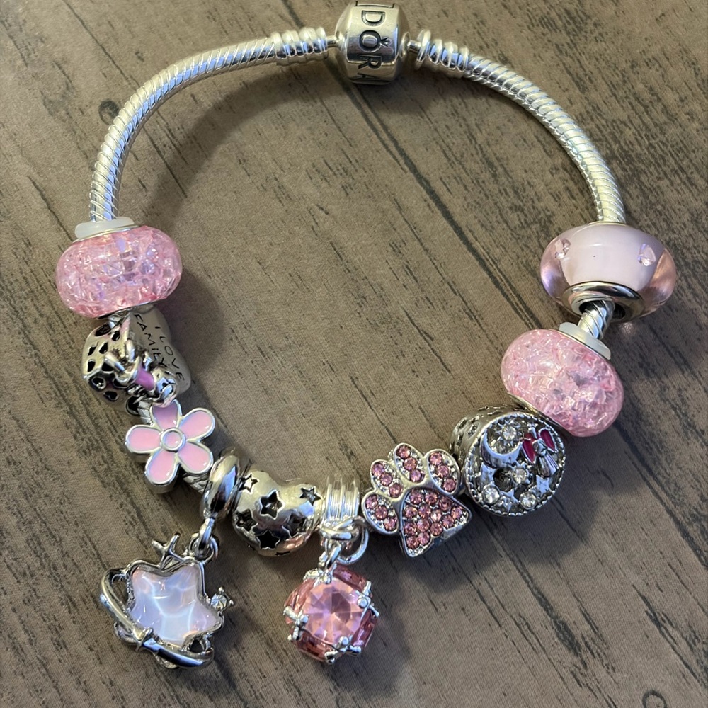 Pandora Moments Snake Chain Bracelet 18CM+Charm Pandora+9 Charms Sterling Silver
